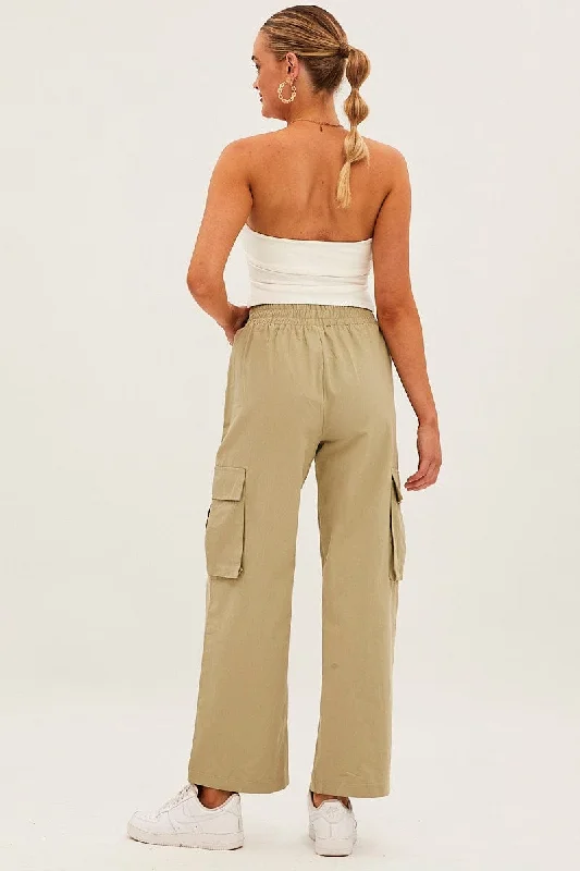 Green Elastic Waist High Rise Wide Leg Cargo Pants