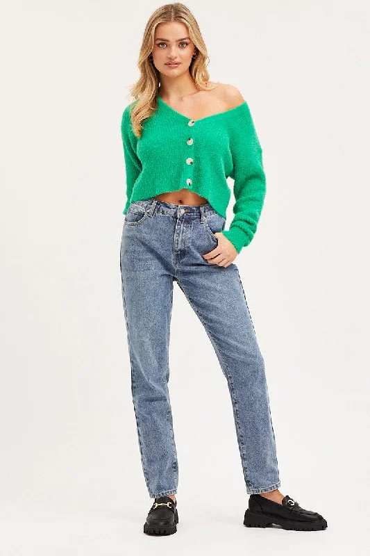 Green Knit Cardigan Long Sleeve Crop V-Neck