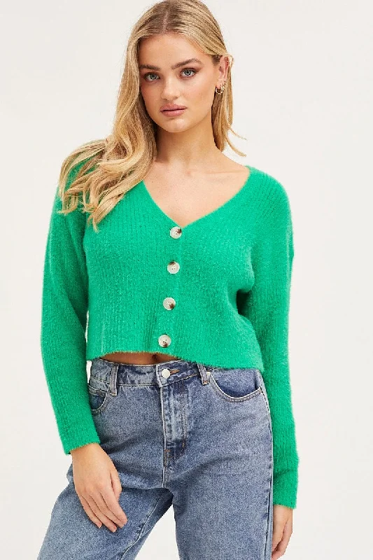 Green Knit Cardigan Long Sleeve Crop V-Neck