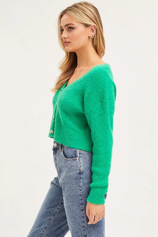 Green Knit Cardigan Long Sleeve Crop V-Neck