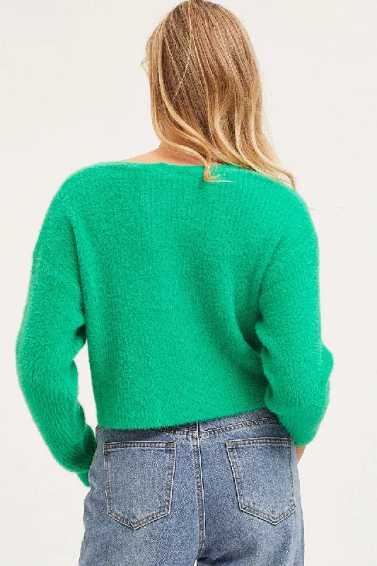 Green Knit Cardigan Long Sleeve Crop V-Neck