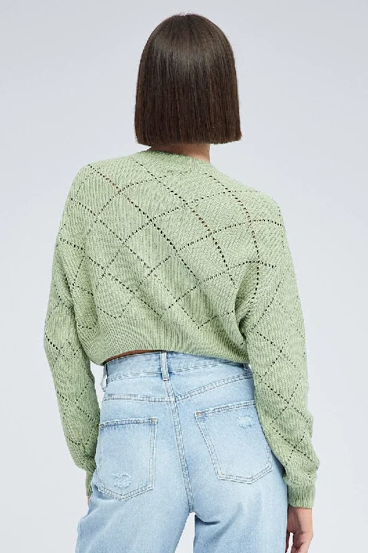 Green Knit Jumper Long Sleeve Crew Neck