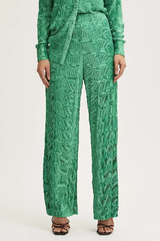 Green Plisse Pants Wide Leg High Rise