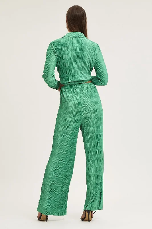 Green Plisse Pants Wide Leg High Rise