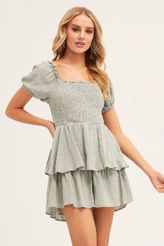 Green Short Sleeve Textured Cotton Shirred Playsuit