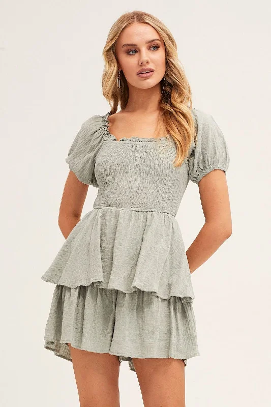 Green Short Sleeve Textured Cotton Shirred Playsuit