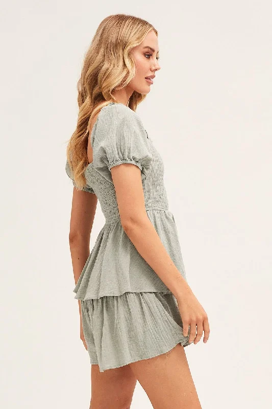 Green Short Sleeve Textured Cotton Shirred Playsuit