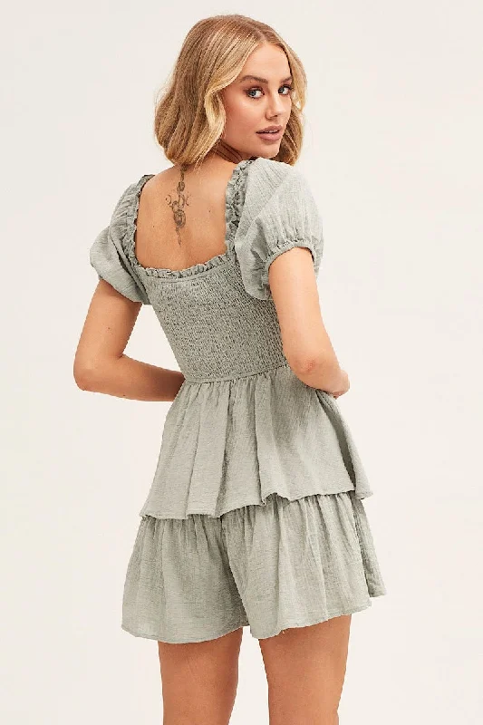 Green Short Sleeve Textured Cotton Shirred Playsuit