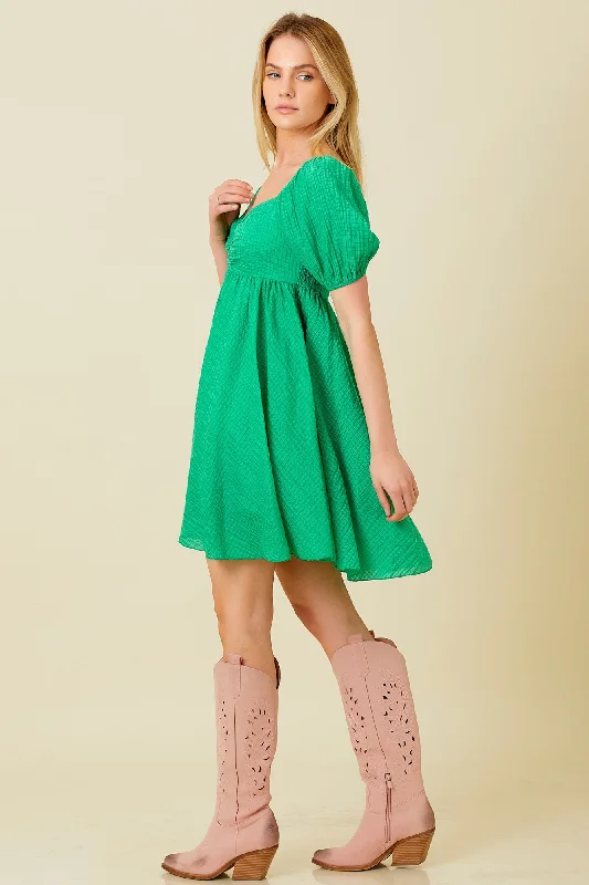 Green Textured Puff Sleeve Sweetheart Neckline Dress