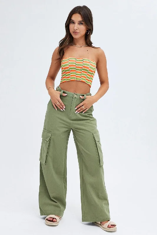 Green Wide Leg Pants Cargo Pockets