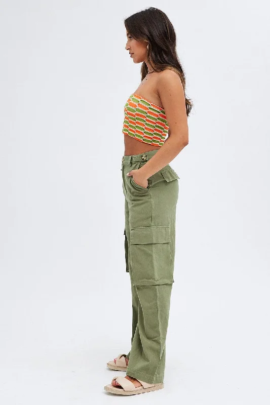 Green Wide Leg Pants Cargo Pockets