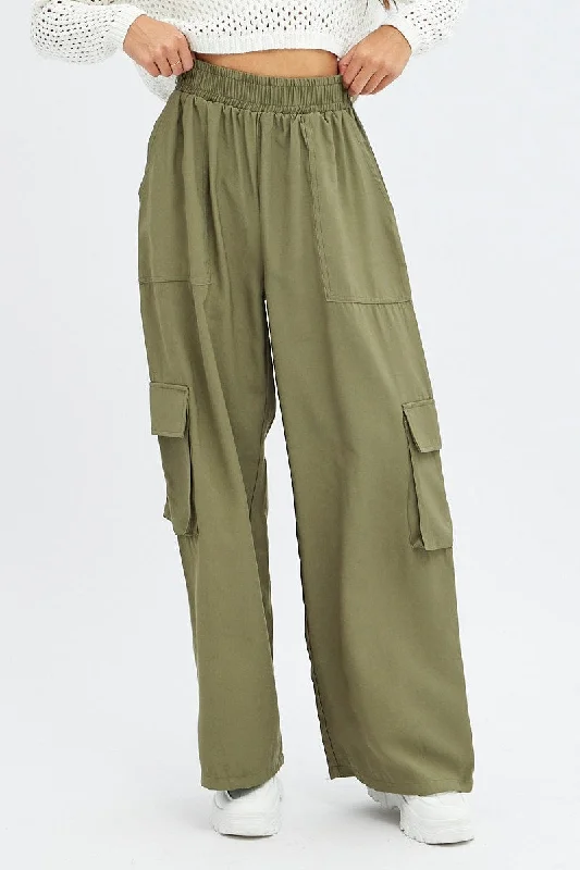 Green Wide Leg Pants High Rise Cargo