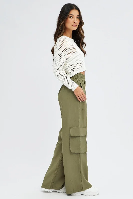 Green Wide Leg Pants High Rise Cargo