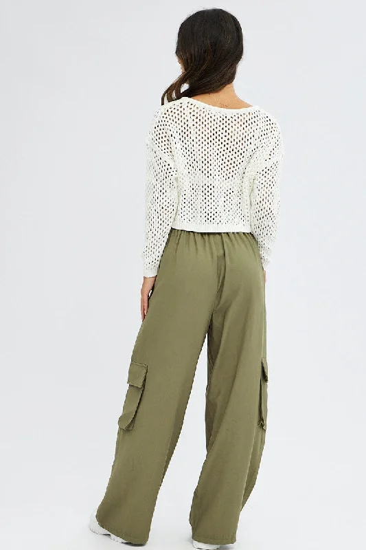 Green Wide Leg Pants High Rise Cargo