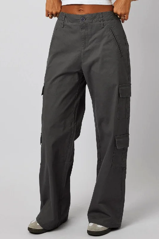 Grey Cargo Pants Mid Rise