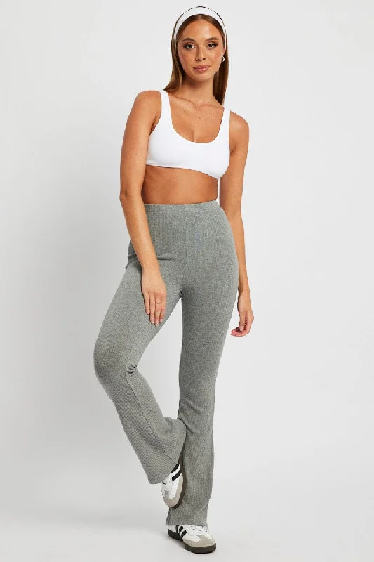 Grey Flare Leg Pants Rib