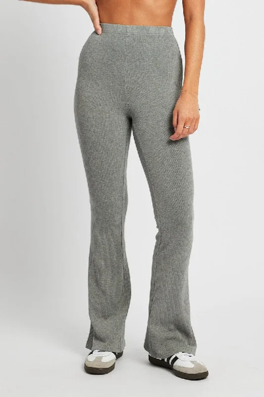 Grey Flare Leg Pants Rib