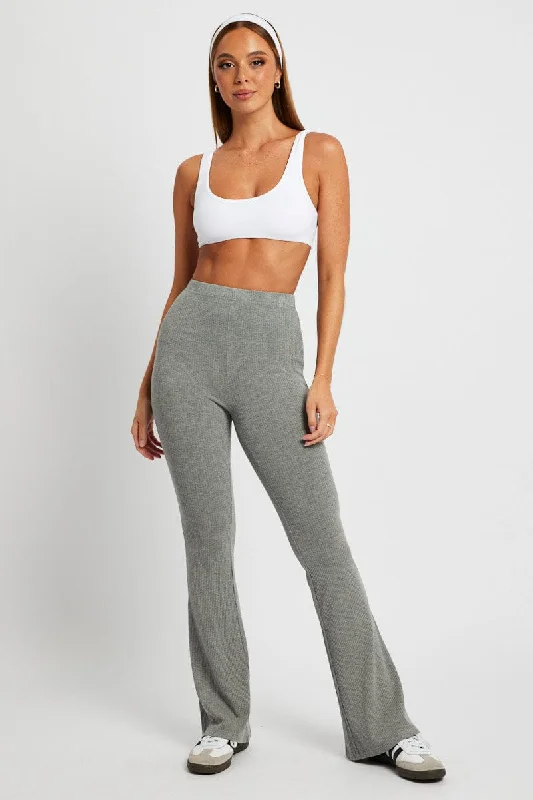 Grey Flare Leg Pants Rib