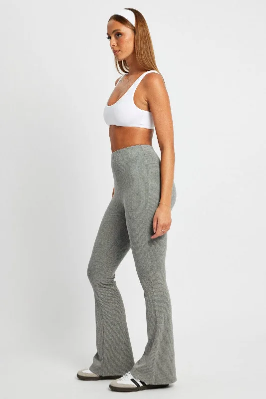 Grey Flare Leg Pants Rib