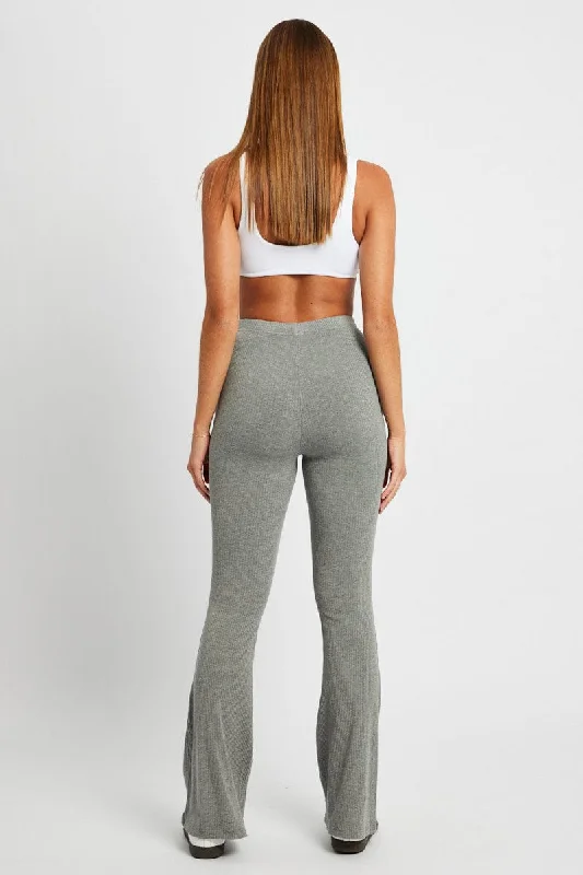 Grey Flare Leg Pants Rib