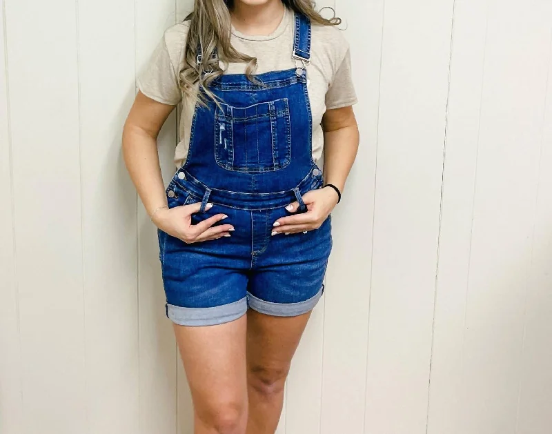 High Waisted Destroy Short Overall In Dark Blue