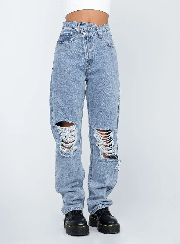 Holly Asymmetric Ripped Leg Jeans Light Wash Denim