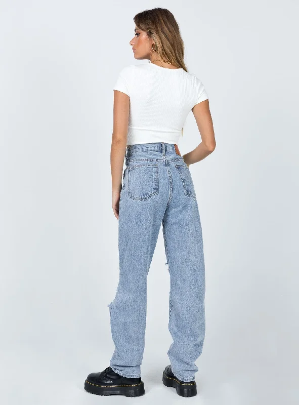 Holly Asymmetric Ripped Leg Jeans Light Wash Denim