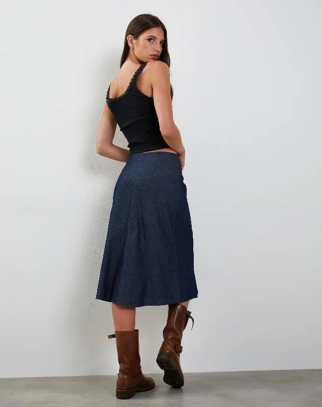 Imbrella Denim Midi Skirt in Dark Indigo