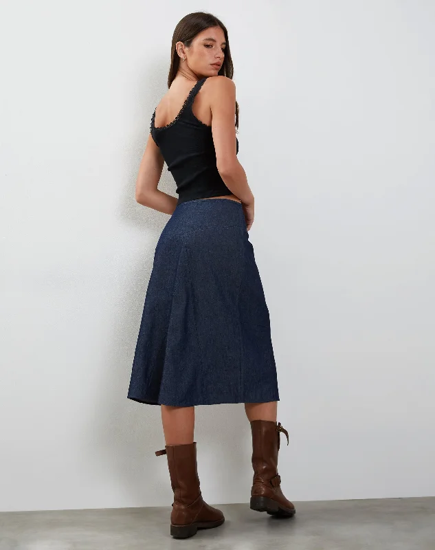 Imbrella Denim Midi Skirt in Dark Indigo