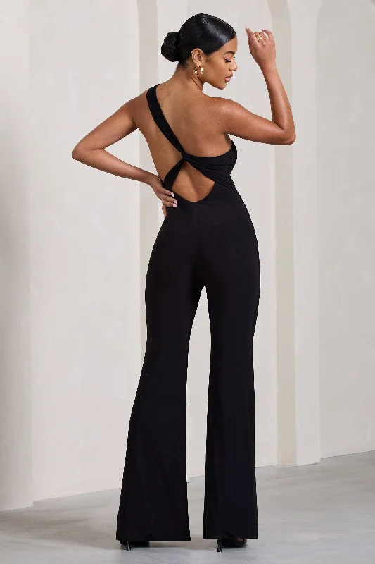 In The Dark | Black Sleeveless Asymmetric Flared-Leg Jumpsuit