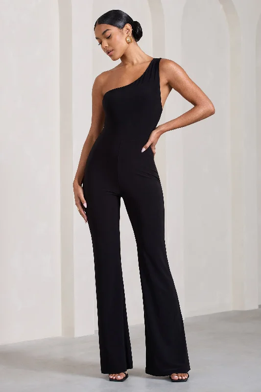 In The Dark | Black Sleeveless Asymmetric Flared-Leg Jumpsuit