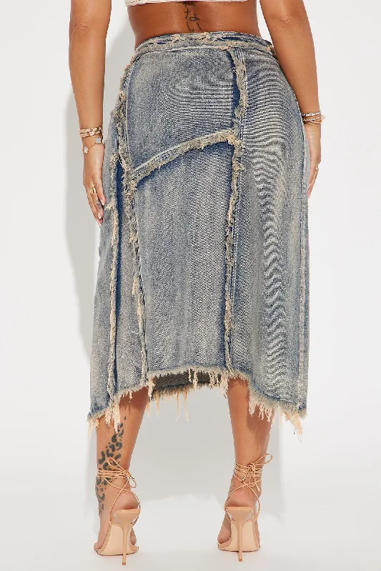 In Time Washed Denim Midi Skirt - Medium Wash