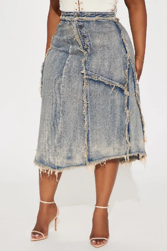 In Time Washed Denim Midi Skirt - Medium Wash