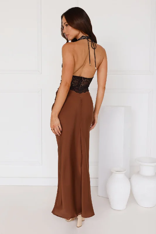 Infinite Affection Halter Lace Maxi Dress Brown