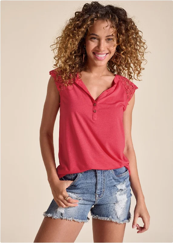 Lace cap sleeve top - Coral