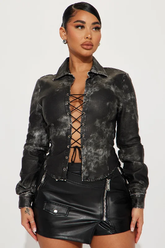 Keely Washed Faux Leather Top - Black/combo