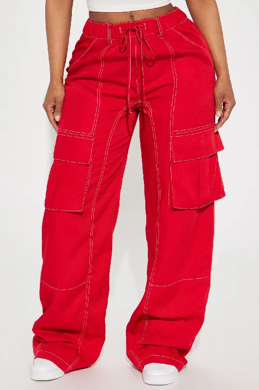 Keep Me Entertained Wide Leg Cargo Pant - Red