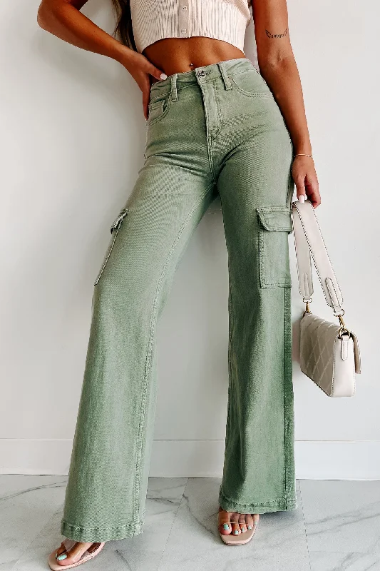 Living In The Moment High Rise Wide Leg Cargo Jeans (Olive)