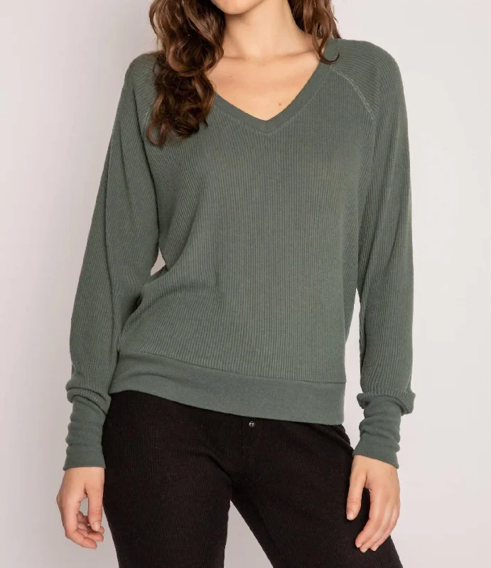 Long Sleeve Textured Knit Top In Sage Leaf