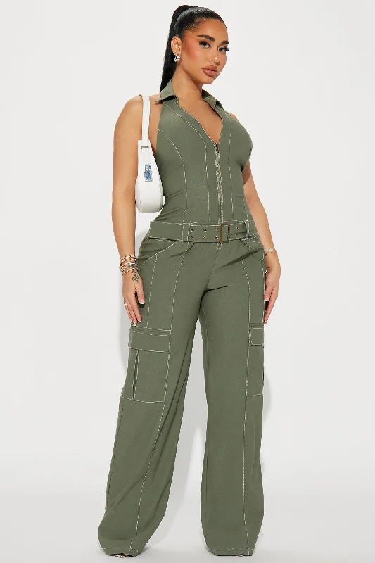 Make It Happen Cargo Jumpsuit - Olive