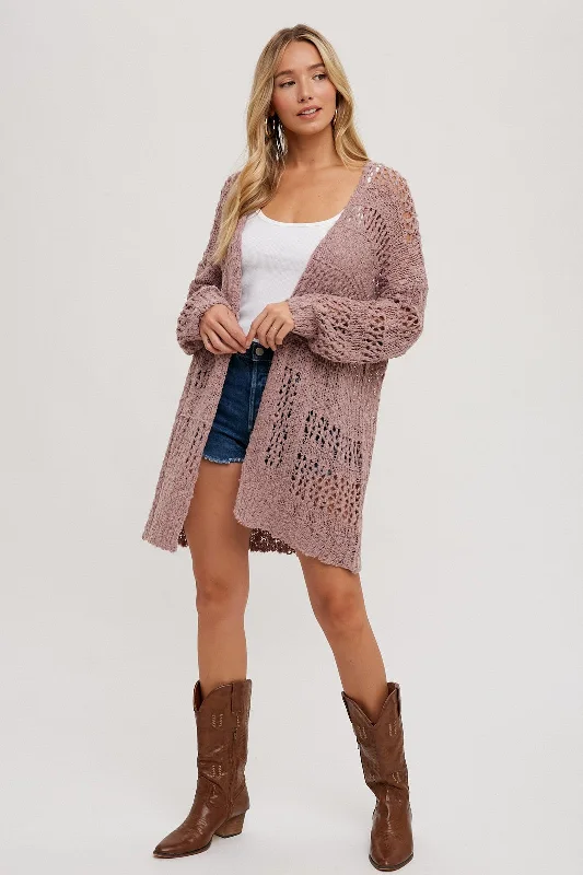 Mauve Open Knit Long Cardigan