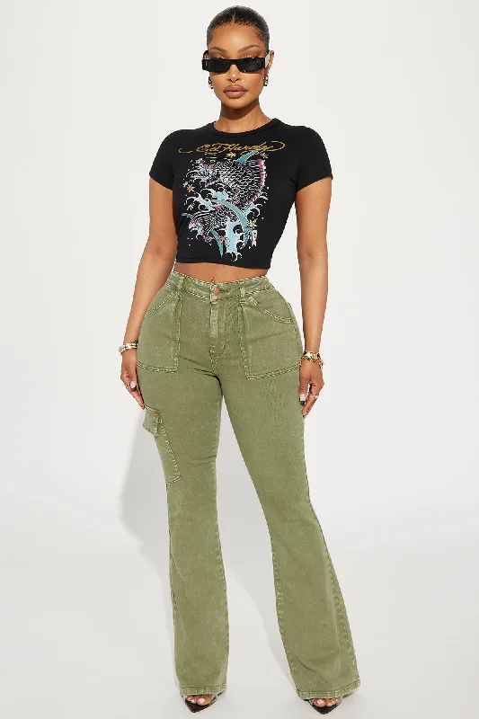 Mindy Cargo Mineral Wash Flare Pant - Olive