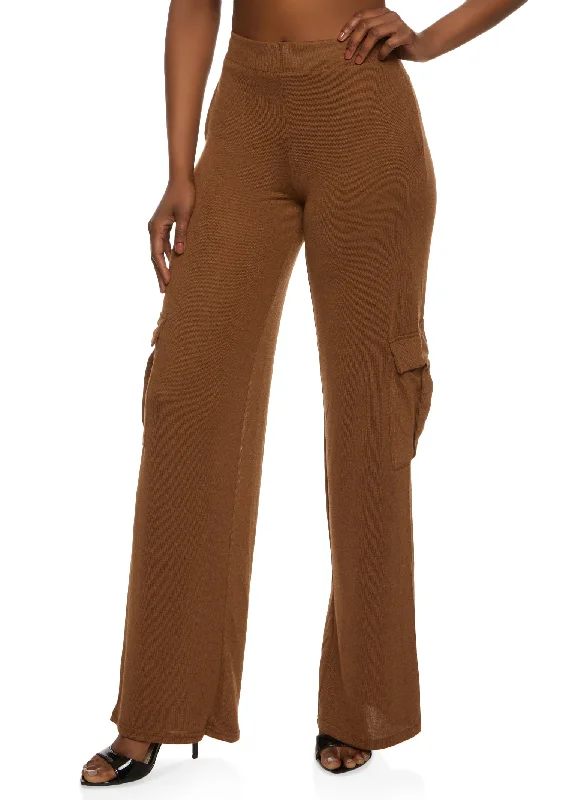 Brushed Knit Cargo Pocket Wide Leg Pants