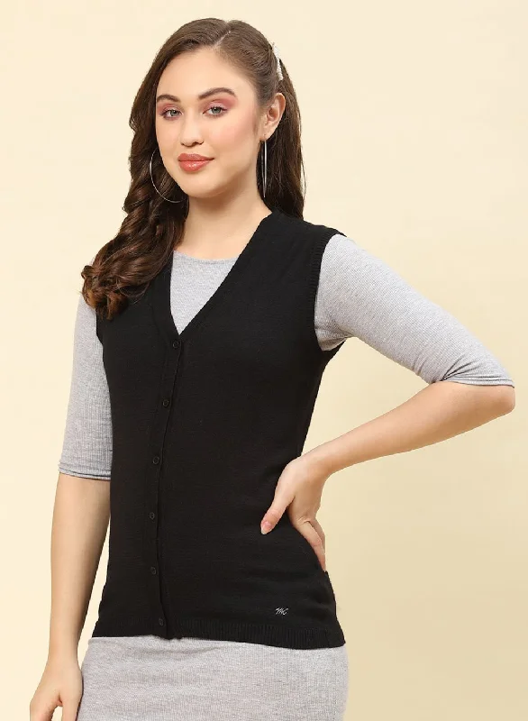 Women Black Solid Modal Nylone Cardigan