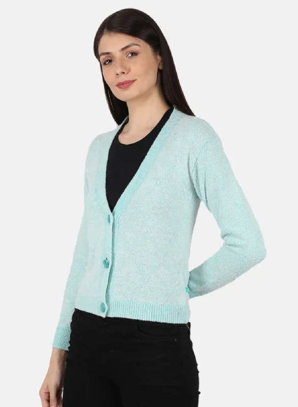 Women Blue Self Design Cardigan