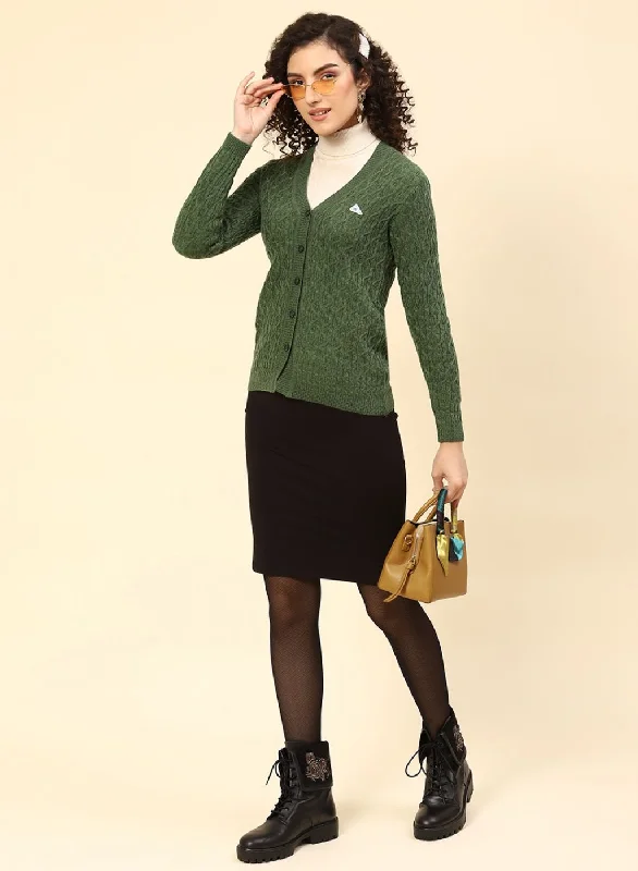 Women Green Self Design Wool blend Cardigan