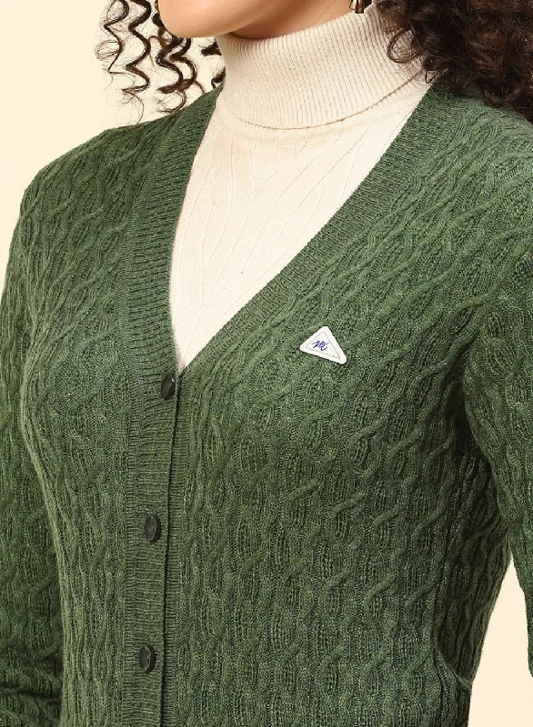 Women Green Self Design Wool blend Cardigan