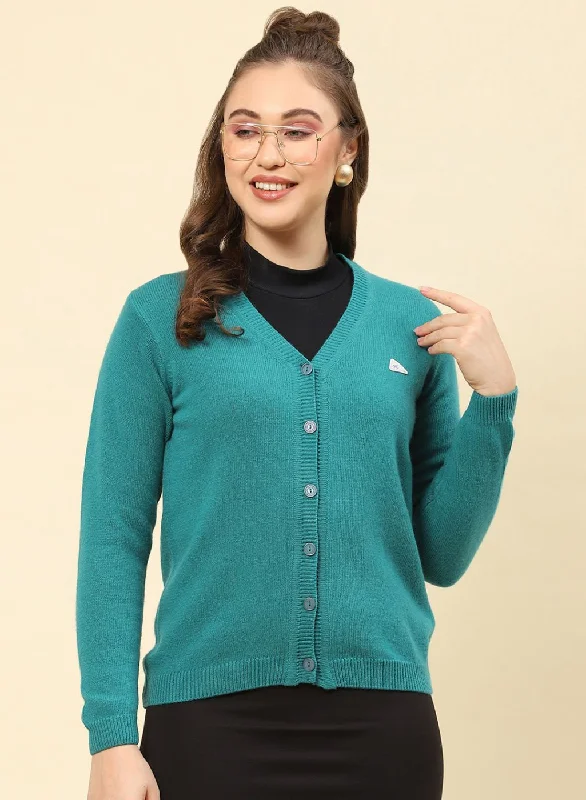 Women Green Solid Lamb wool Cardigan