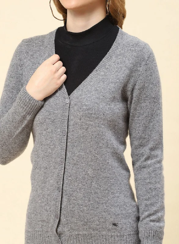 Women Grey Solid Lamb wool Cardigan