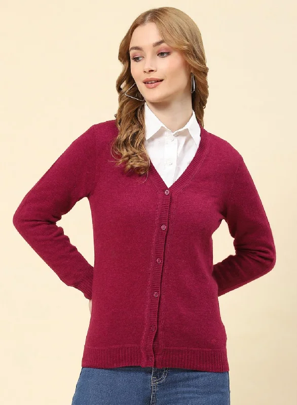 Women Maroon Solid Lamb wool Cardigan